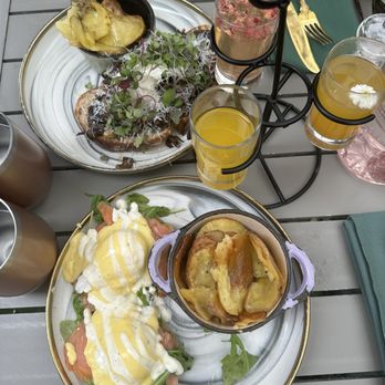 Sugar and Scribe - Kensington Benedict, mimosa flight, & wild mushroom brunch toast - Bakeries Near Me - La Jolla, California Sugar and Scribe - Kensington Benedict, mimosa flight, & wild mushroom brunch toast - Bakeries Near Me - La Jolla, California