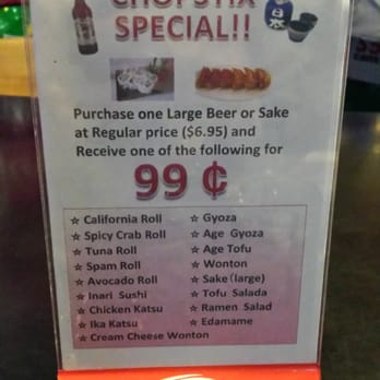 Chopstix - 99¢ specials when you order a large beer or sake! Dine in only. - Sushi Bars Near Me - San Diego, California Chopstix - 99¢ specials when you order a large beer or sake! Dine in only. - Sushi Bars Near Me - San Diego, California