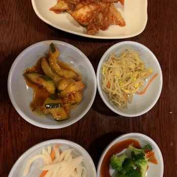 Ye Won - Sides served with entrees. Kimchi, bean sprouts, kimchi cucumbers (yum!), steamed broccoli, radish. - Korean Near Me - Midlothian, Virginia