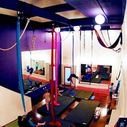 Night Flight - View from the warm-up area in Studio A. This studio has 20′ high ceilings (19′ from each rigging point to the mats).