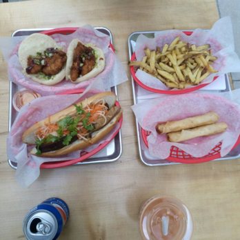 Bao Sandwich Bar - Braised pork belly baguette with babe rolls and Thai tea is my go-to combo.  My friend got two chicken little baos with fries and Pepsi. - Vietnamese Near Me - Waterloo, Ontario