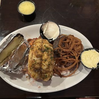 Jackie Ray's Grill - 8 oz fillet cooked medium, and seasoned lobster tails with baked potato was a hit! - Pubs Near Me - Ashville, Ohio Jackie Ray's Grill - 8 oz fillet cooked medium, and seasoned lobster tails with baked potato was a hit! - Pubs Near Me - Ashville, Ohio