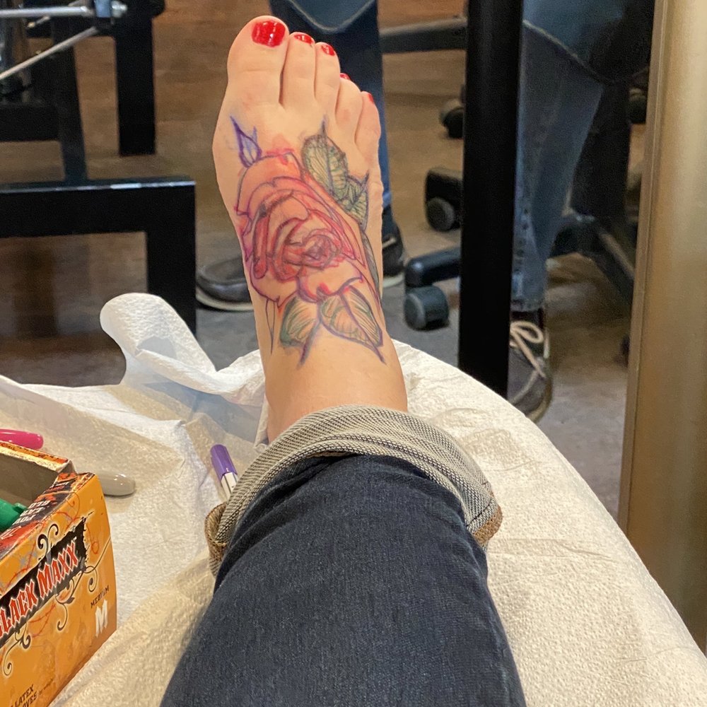 Sacred Tattoo Studio - Dan Pembles freehand sketch on my foot to cover tattoo. - Tattoo Near Me - Marquette, Michigan Sacred Tattoo Studio - Dan Pembles freehand sketch on my foot to cover tattoo. - Tattoo Near Me - Marquette, Michigan