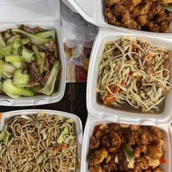 Tsing Tao Chinese Restaurant - Beef bokchoy, tsing Tao chow mien, sweet and sour pork (bottom r) mu shu pork w (wrap not pictured) orange chicken (right top).