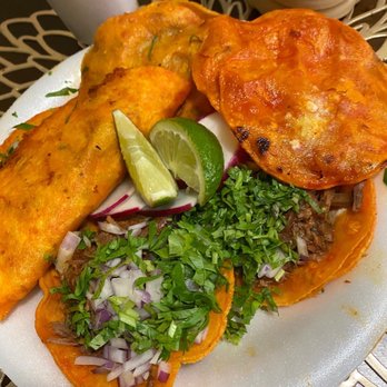 Teddy's Red Tacos - The sample quesadilla tacos hard taco and tortilla chips dipped in their red sauce - Tacos Near Me - Whittier, California