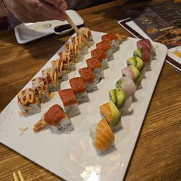 Double spicy roll, red dragon roll, rainbow roll Double spicy roll, red dragon roll, rainbow roll