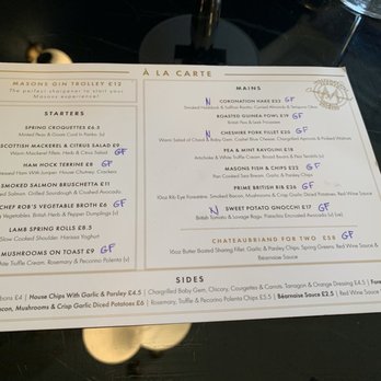 Masons Restaurant Bar - Menu with GF labelled - British Near Me - Manchester, XGM