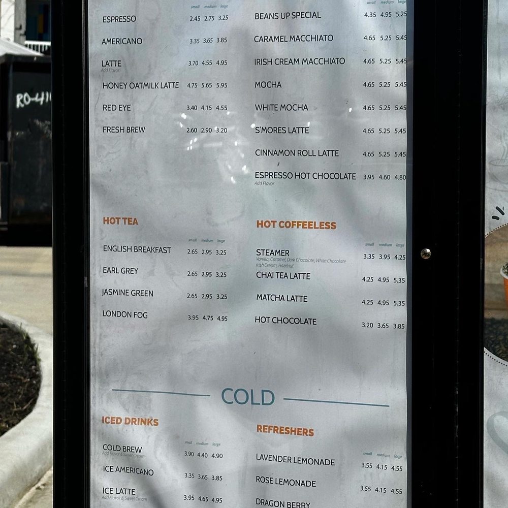 Beans Up Coffee - a menu on a sidewalk - Coffee & Tea Near Me - Houston, Texas