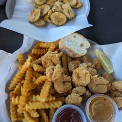 Matt & Memere's - Fried shrimp poster with fries and bread. We also got fried pickles!