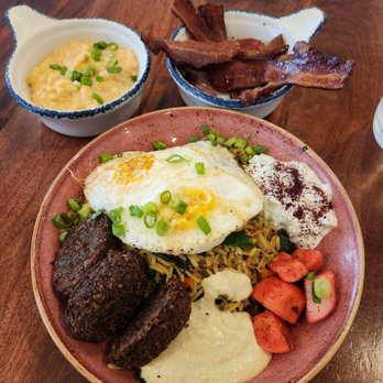Unconventional Diner - Lebanese fried rice + side of grits (top left) + side of bacon (top right) - Breakfast & Brunch Near Me - Washington, DC, District of Columbia Unconventional Diner - Lebanese fried rice + side of grits (top left) + side of bacon (top right) - Breakfast & Brunch Near Me - Washington, DC, District of Columbia