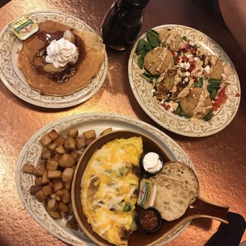 Another Broken Egg Cafe - Lucy omelette with a side of banana foster pancakes, and the crab cakes! Yum! - Breakfast & Brunch Near Me - Siesta Key, Florida
