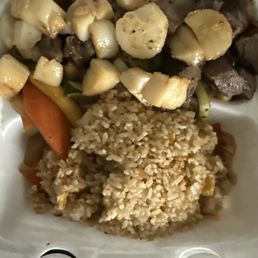 Filet Mignon and scallops with vegetables and fried rice.