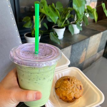 Big Wave Coffeehouse - Matcha Latte with Ube Foam and Guava Muffin - Coffee & Tea Near Me - Folsom, California