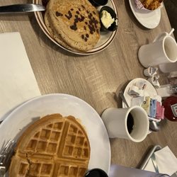 Junior's Bar and Grill - Brunch: Belgian waffle and chocolate chip pancakes