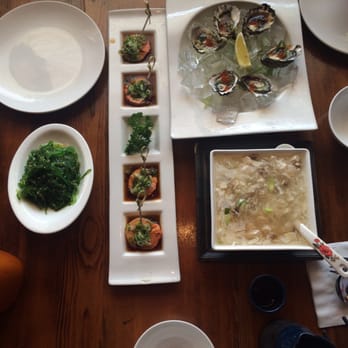 Genghix - Clockwise: oysters, seafood soup, monkfish foie, seaweed salad - Sushi Bars Near Me - Castro Valley, California Genghix - Clockwise: oysters, seafood soup, monkfish foie, seaweed salad - Sushi Bars Near Me - Castro Valley, California