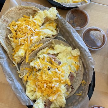Torchy's Tacos - 7-4-2022 #1. Bacon, Egg and Cheese #2. Potato, Egg and Cheese corn tortillas served with two salsas on the side. - Tex-Mex Near Me - Plano, Texas Torchy's Tacos - 7-4-2022 #1. Bacon, Egg and Cheese #2. Potato, Egg and Cheese corn tortillas served with two salsas on the side. - Tex-Mex Near Me - Plano, Texas