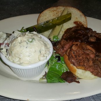 Veggie Galaxy - The BBQ sandwich with a side of potato salad.  Excellent flavor with a bit of a mess :) - Breakfast & Brunch Near Me - Cambridge, Massachusetts
