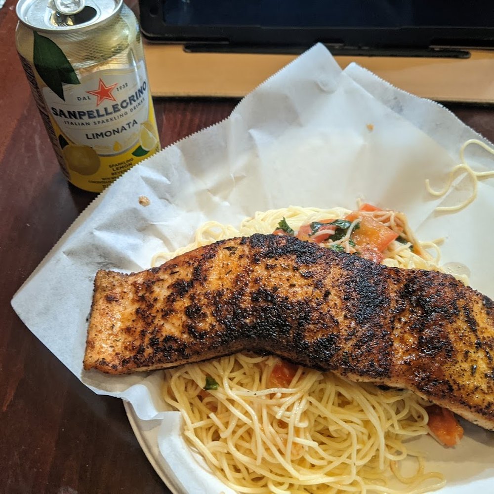 Skillet blackened salmon over angel hair ($20)
