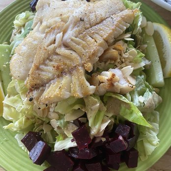 The Wharf - House salad with rock cod - Seafood Near Me - Fort Bragg, California The Wharf - House salad with rock cod - Seafood Near Me - Fort Bragg, California