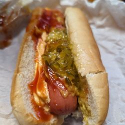 Pam's Bun 'N' Run - Hot Dog with ketchup, mustard, sweet relish, and cheese. The Hot Dogs are a MUST!!