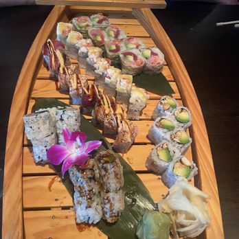 Yuki Japanese Restaurant - Our beautiful sushi boat with: Avocado Peanut Roll, Geisha Roll, Yellowtail Jalapeno, Red Lobster Roll, Snow Roll & Eel Avocado Roll - Sushi Bars Near Me - Montvale, New Jersey Yuki Japanese Restaurant - Our beautiful sushi boat with: Avocado Peanut Roll, Geisha Roll, Yellowtail Jalapeno, Red Lobster Roll, Snow Roll & Eel Avocado Roll - Sushi Bars Near Me - Montvale, New Jersey