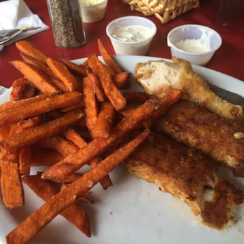 Shirley's Cafe - Cajun pan seared cod,with fried chicken sweet potato fries with homemade blue cheese dressing. - American Near Me - Mancelona, Michigan
