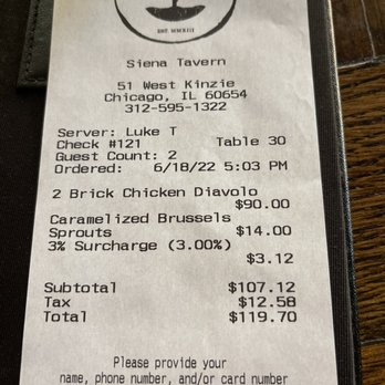 Siena Tavern - Receipt - Italian Near Me - Chicago, Illinois Siena Tavern - Receipt - Italian Near Me - Chicago, Illinois