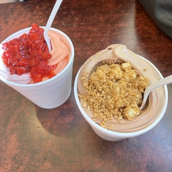 Yogurt Mill - Pomegranate blueberry and dole peach with strawberries (left) and chocolate with cheesecake (right). - Ice Cream & Frozen Yogurt Near Me - El Cajon, California Yogurt Mill - Pomegranate blueberry and dole peach with strawberries (left) and chocolate with cheesecake (right). - Ice Cream & Frozen Yogurt Near Me - El Cajon, California