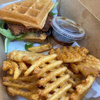 Hide Out Cafe - Fried Chicken Waffle w/waffle fries - Cafes Near Me - Rowland Heights, California