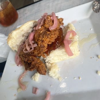 The Fancy Biscuit - Sweet heat: fried chicken with housemade pickled onions, hot honey and pepper jelly served on buttermilk biscuit - Breakfast & Brunch Near Me - Richmond, Virginia The Fancy Biscuit - Sweet heat: fried chicken with housemade pickled onions, hot honey and pepper jelly served on buttermilk biscuit - Breakfast & Brunch Near Me - Richmond, Virginia