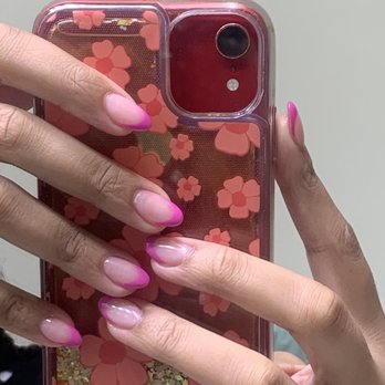 Nail Shadow Salon - Short hot pink french tips, almond shaped - Nail Salons Near Me - Kennesaw, Georgia Nail Shadow Salon - Short hot pink french tips, almond shaped - Nail Salons Near Me - Kennesaw, Georgia