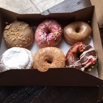 Dun-Well Doughnuts - top row left to right: french toast, strawberry sprinkle, maple bottom row: strawberry filled, toasted coconut, strawberry chocolate (bob) - Donuts Near Me - Brooklyn, New York Dun-Well Doughnuts - top row left to right: french toast, strawberry sprinkle, maple bottom row: strawberry filled, toasted coconut, strawberry chocolate (bob) - Donuts Near Me - Brooklyn, New York