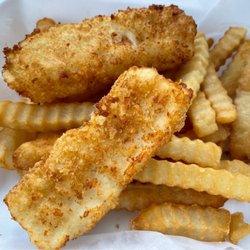 Pelican Bay Fish And Chips - Halibut Fish and chips. Thick cut halibut filets were really good and crinkle cut fries are always a hit