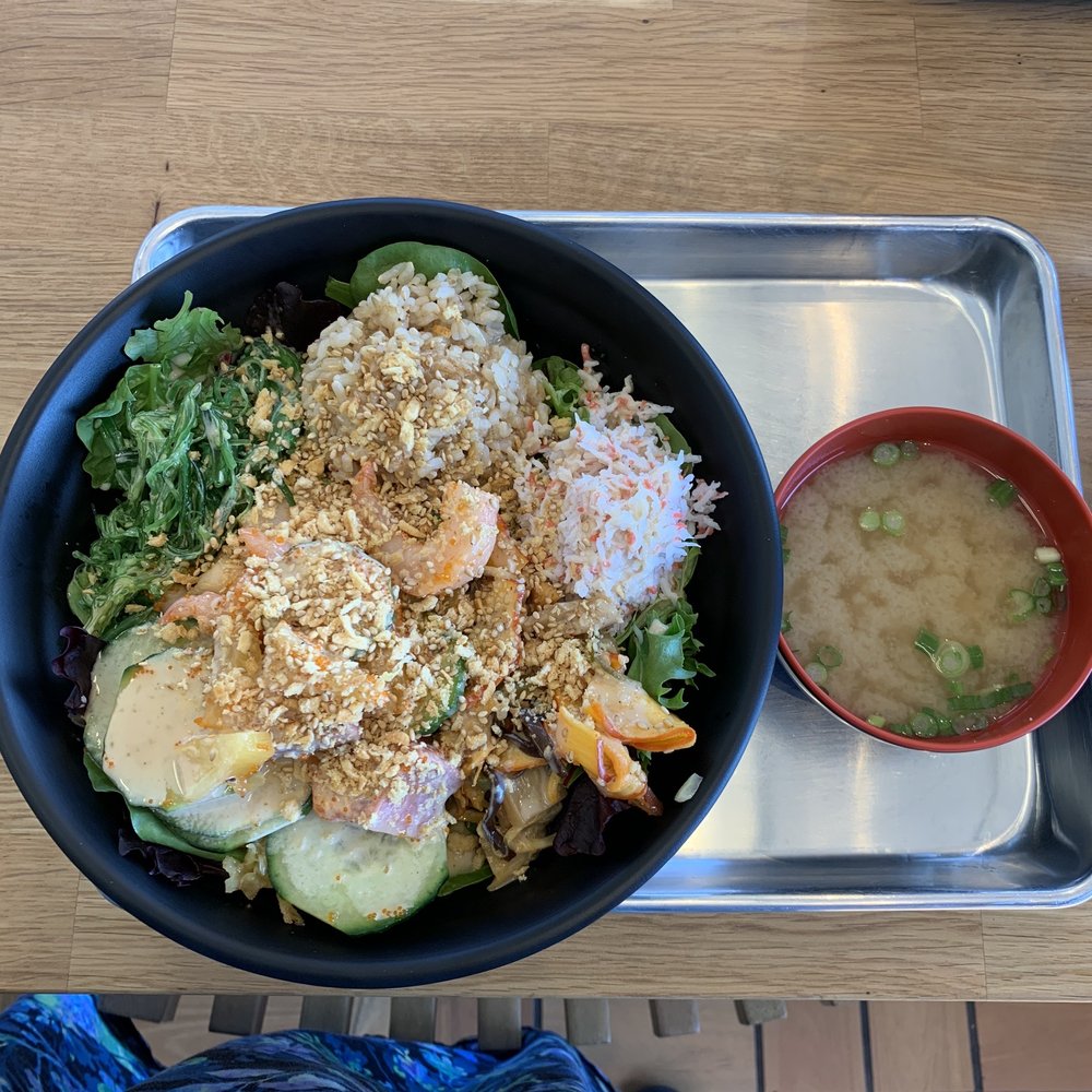 Joy Poke - Medium lunch bowl with salmon, smoked squid and shrimp! Half salad and brown rice with cucumbers and many other great tasting items! - Poke Near Me - Portland, Oregon Joy Poke - Medium lunch bowl with salmon, smoked squid and shrimp! Half salad and brown rice with cucumbers and many other great tasting items! - Poke Near Me - Portland, Oregon