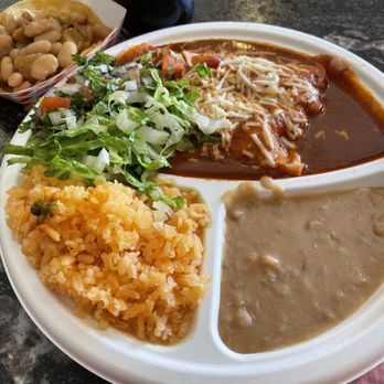 Borreguitas Bar Express - Re-Chicken Enchiladas and a Chicharron Taco (top left). - Mexican Near Me - Pomona, California