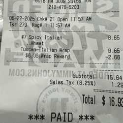 Jimmy John's - The original receipt of purchase. I will never go back to any JJ.