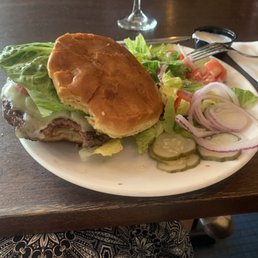 Basic burger with Swiss and side salad Basic burger with Swiss and side salad