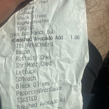 Subway - Receipt clearly saying one dollar purchased of avocado. - Sandwiches Near Me - Stayton, Oregon Subway - Receipt clearly saying one dollar purchased of avocado. - Sandwiches Near Me - Stayton, Oregon