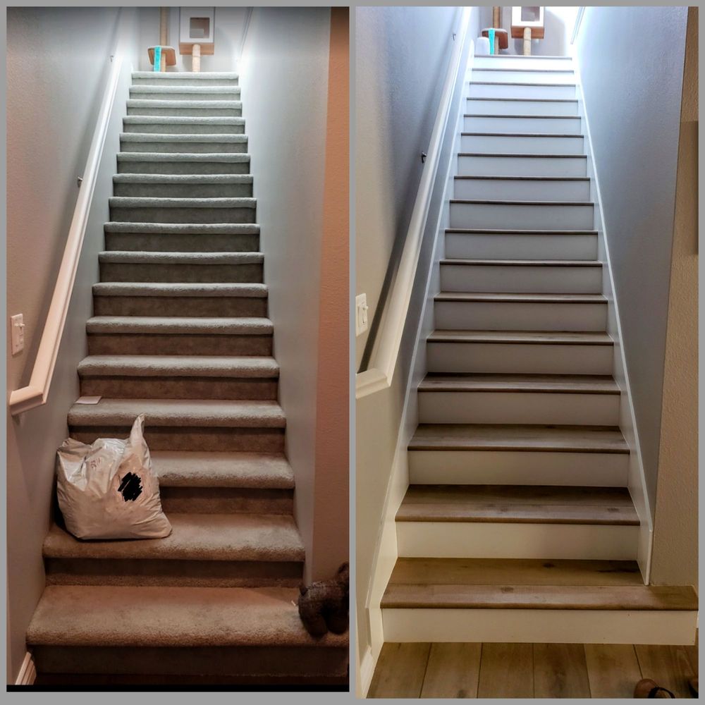 Stairs Plus More - L: Before w/ carpet and no skirtboard R: Completed project. Roberto's skirtboard & flooring work completed by Hart's Family Flooring in SCV. - General Contractors Near Me