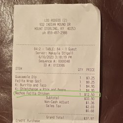 Los Rodeos Mexican Bar & Grill - Receipt of what we were charged for the Nachos with "grilled" chicken.