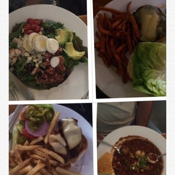 Snake River Brewing - top left: Cobb salad top right: cheese burger with sweet potato fries bottom left: Bison burger bottom right: chili - Brewpubs Near Me - Jackson, Wyoming Snake River Brewing - top left: Cobb salad top right: cheese burger with sweet potato fries bottom left: Bison burger bottom right: chili - Brewpubs Near Me - Jackson, Wyoming