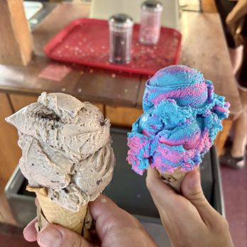 Sheri's Sweet Shoppe - Cookies and Cream (left) and Cotton Candy (right) - 1 scoop - Ice Cream & Frozen Yogurt Near Me - Winthrop, Washington Sheri's Sweet Shoppe - Cookies and Cream (left) and Cotton Candy (right) - 1 scoop - Ice Cream & Frozen Yogurt Near Me - Winthrop, Washington