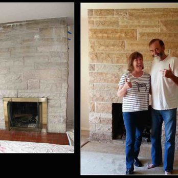 Brick Transformers - Happy customers after their fireplace stone was stained to fresh new palette of earthy warm colors. Kankakee, IL - Painters Near Me - Schaumburg, Illinois