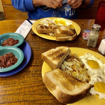 Cowboy Cafe - Eggs sunny side up, hash browns, scratch sour dough toast, and a side of salsa. - Coffee & Tea Near Me - Medora, North Dakota
