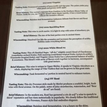 Upper Shirley Vineyards - White and Rose Wine Flight Info Card - Wineries Near Me - Charles City, Virginia Upper Shirley Vineyards - White and Rose Wine Flight Info Card - Wineries Near Me - Charles City, Virginia