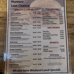Hunter's Last Chance - Bar menu -- front side