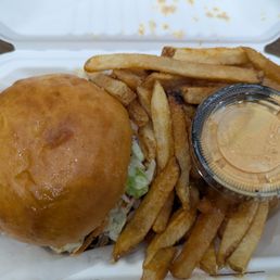 Pulled Pork Sandwich and soggy but tasty Fries Pulled Pork Sandwich and soggy but tasty Fries