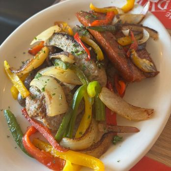 Red Viking Restaurant - SAUSAGE PLATTER- Grilled Bratwurst, Medisterpolse, Italian Sausage Cajun Andouille Sausage(spicy) Onions and Bell Peppers - Breakfast & Brunch Near Me - Solvang, California