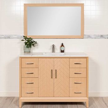 Modern Bathrooms.ca - 48 inch bathroom vanity in a light oak with herringbone design. - Kitchen & Bath Near Me - Coquitlam, British Columbia
