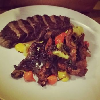 PinPoint Restaurant - My husband's steak with a potato cake, mushrooms and peppers. - New American Near Me - Wilmington, North Carolina PinPoint Restaurant - My husband's steak with a potato cake, mushrooms and peppers. - New American Near Me - Wilmington, North Carolina